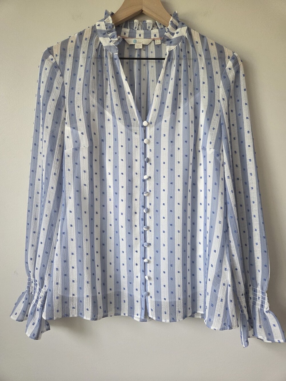 Boden Edith Blouse Blue White Stripe Ruffle Neck Womens Size 6 - Picture 2 of 10